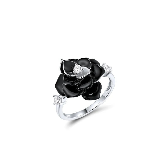 925 Sterling Silver Black Flower Set