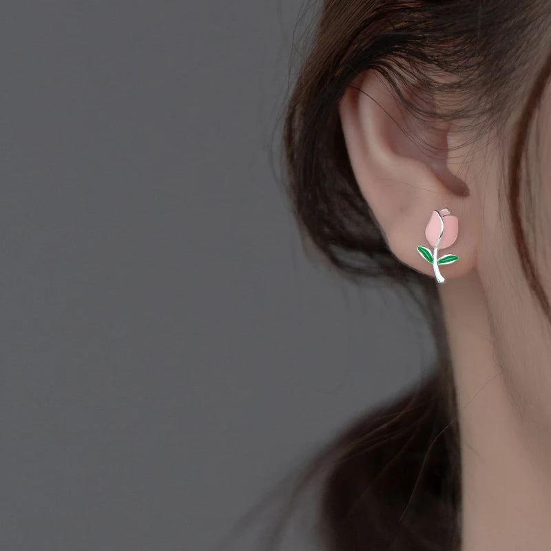 925 Sterling Silver Elegant Pink Enamel Flowers Stud Earrings