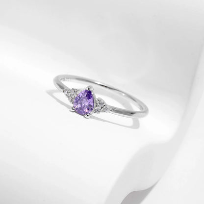 925 Sterling Silver Water Drop Purple Cubic Zirconia Ring