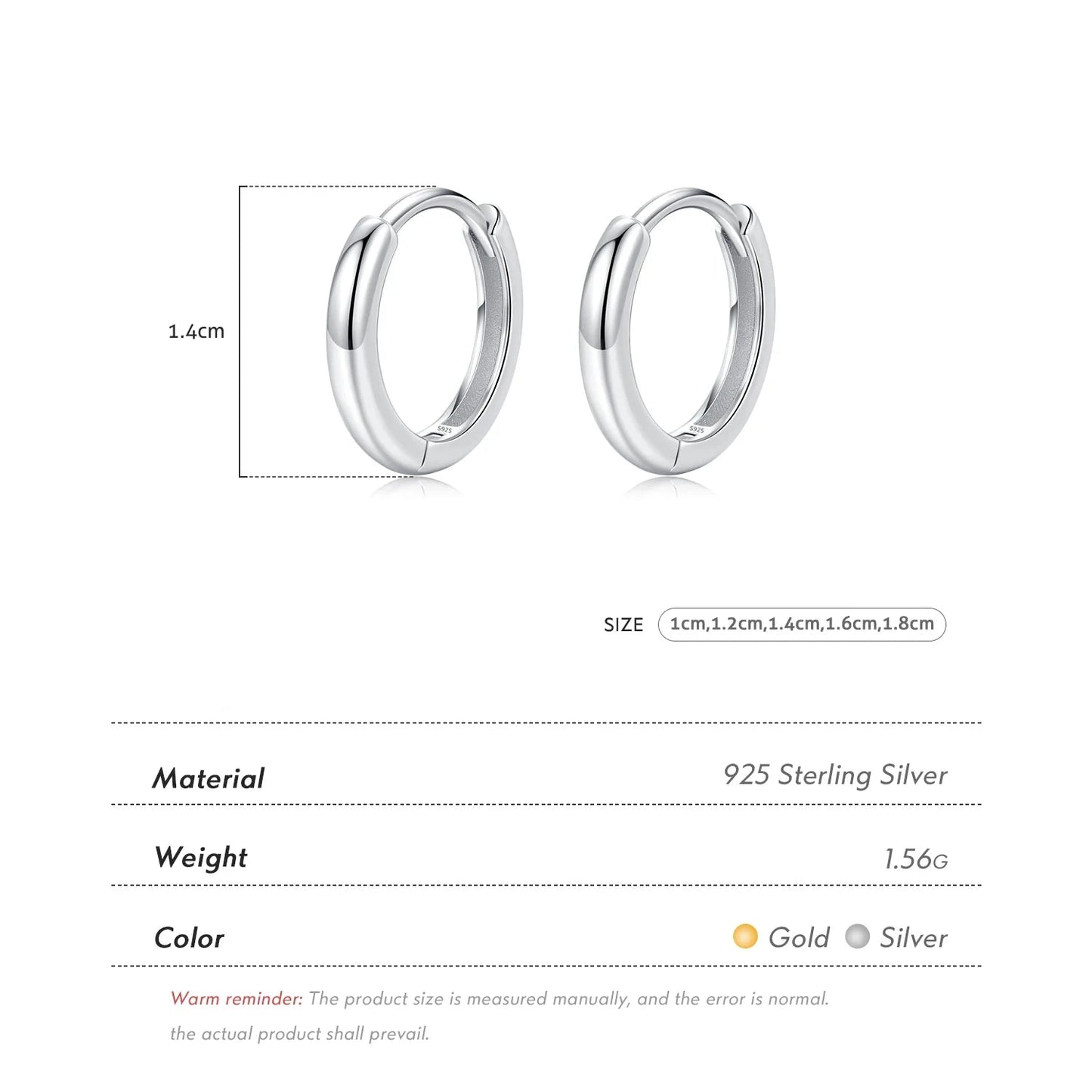 5 Sizes 925 Sterling Silver Simple Stackable Circle Ear Buckles Hoop Earrings