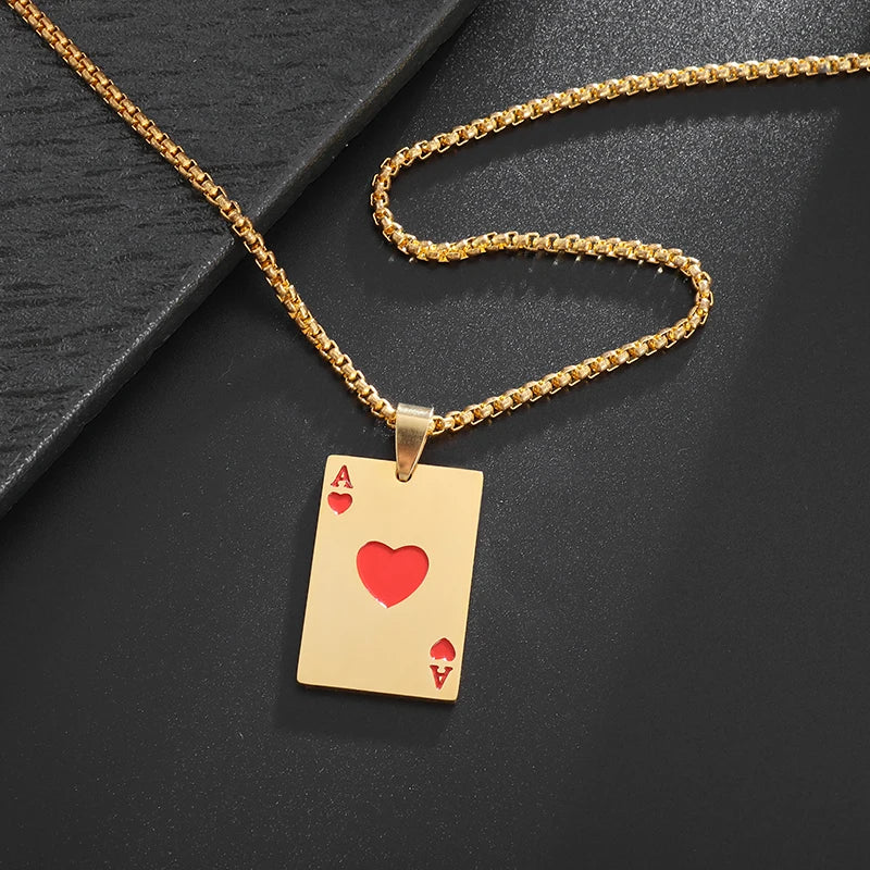 Stainless Steel Ace of Hearts Ace of Spades Playing Cards Pendant Necklace for Men and Women Fashionable Hip Hop Jewelry