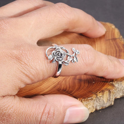 925 Sterling Silver Branches Rose Flowers Ring Adjustable