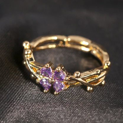 Purple Four Leaf CZ Flower Adjustable Rings