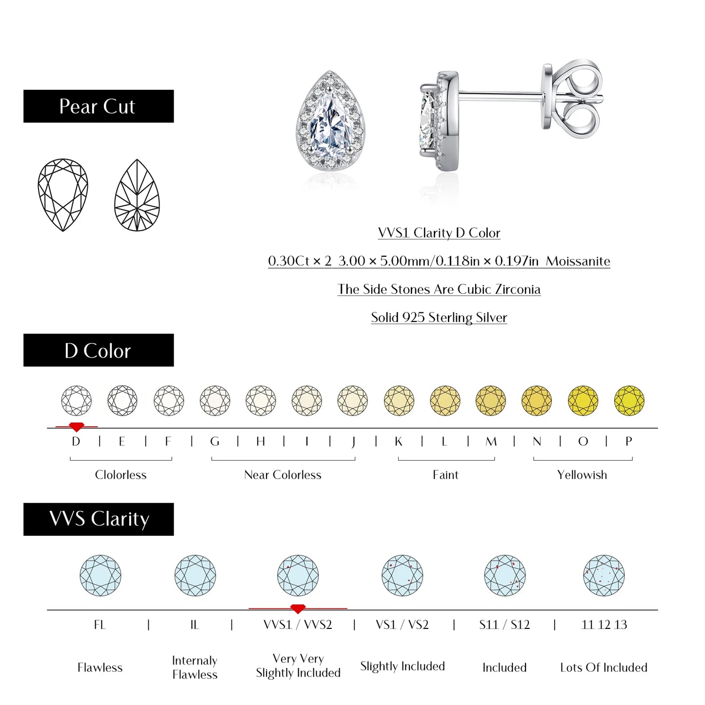 D Color Pear Cut Moissanite Stud Earrings 925 Sterling Silver