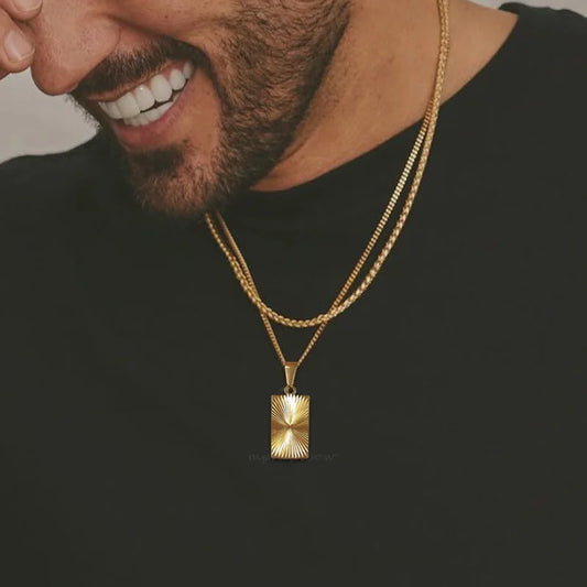 Men Necklace Gold Plated,Embossing Radiation Rectangle Pendant, Stainless Steel Sunburst Charm Necklaces Jewelry