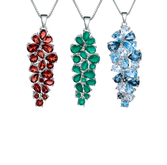 925 Sterling Silver Blue Topaz, Garnet or Agate Pendant Necklace