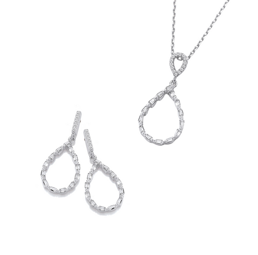 Tear Drop Baguette CZs Silver Drop Earrings & Pendant Necklace Set Can Buy Separate)