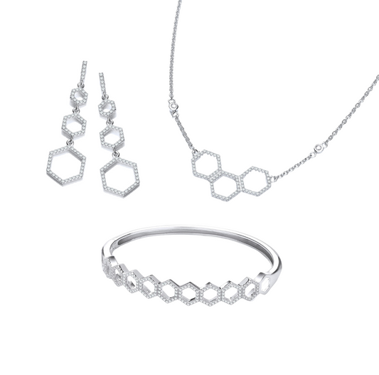 Silver Honeycomb Necklace, Earrings And Bangle Set (Can Buy Separate)