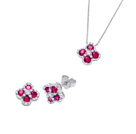 Red Four Leaf Cz Stud Earrings And Pendant Necklace Set (Can Buy Separate)