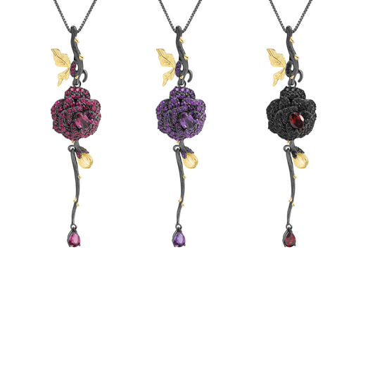 Handmade Black & 18k Gold Over 925 Sterling Silver Garnet or Amethyst Rose Necklace