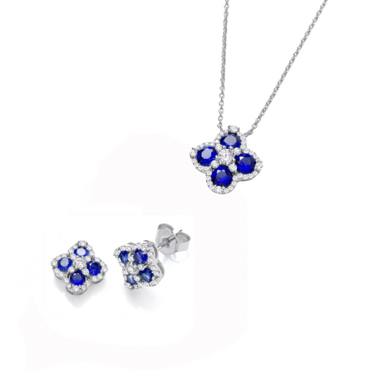 Blue Four Leaf Cz Stud Earrings And Pendant Necklace Set (Can Buy Separate)